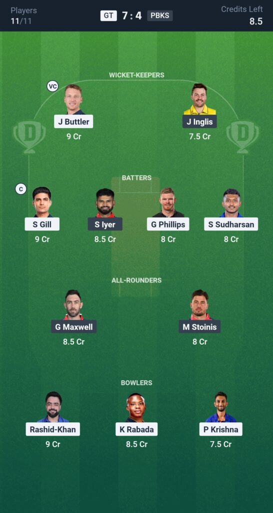 gt vs pbks dream11 prediction